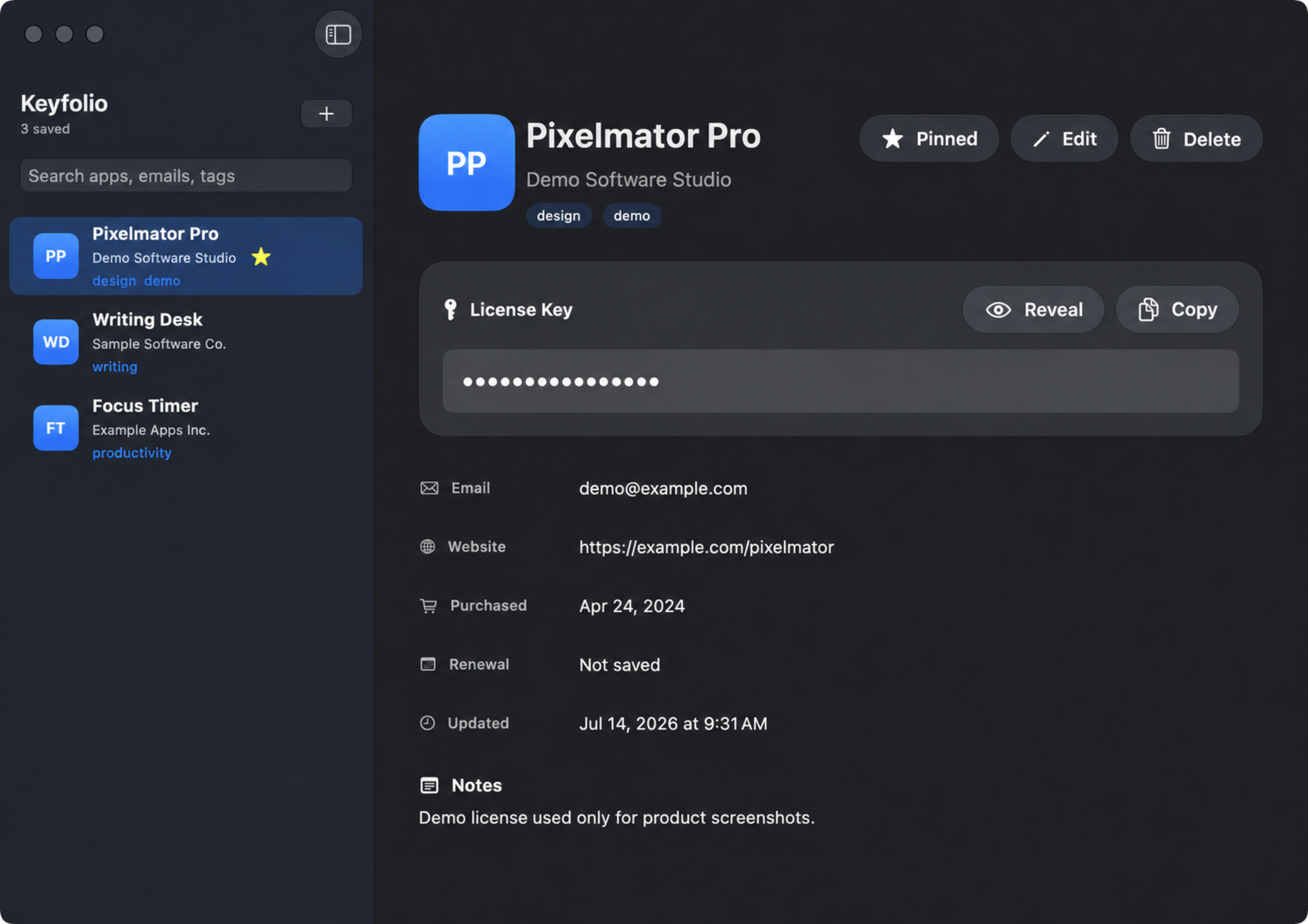The real Keyfolio macOS app displaying masked demo license data